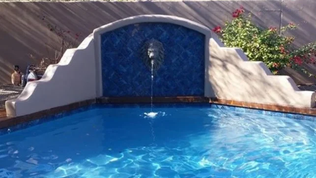 A past pool remodeling in Mesa AZ showing a water running out of a lions mouth